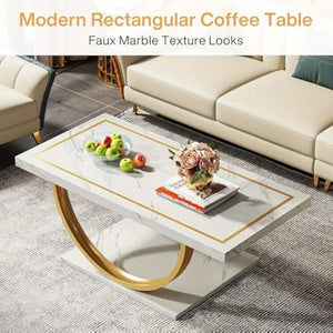 Sleek White Gold Rectangular Coffee Table with Faux Marble