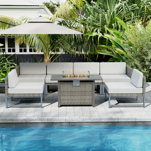 Modern Outdoor Rattan Sofa Set with Rectangular Fire Table