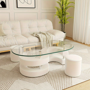 Elegant ThreePiece Glass Coffee Table Set with Leather Stools