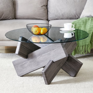 334 Round Glass Coffee Table with Gray Wood Legs