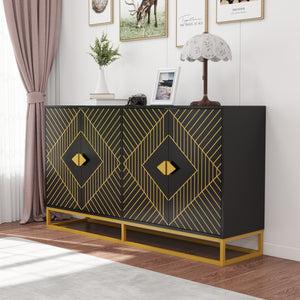 Modern Wooden Sideboard with Gold Accents  4Door Storage